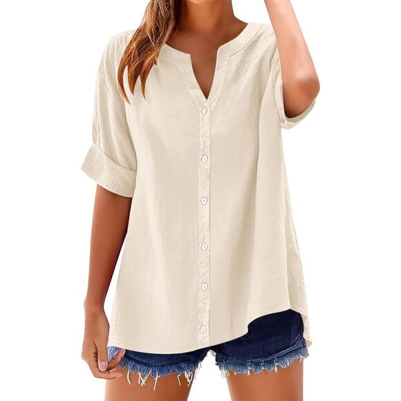 Women's Cotton Linen 3/4 Sleeve Button Down Shirt V Neck Casual Top - Picture 2 of 6